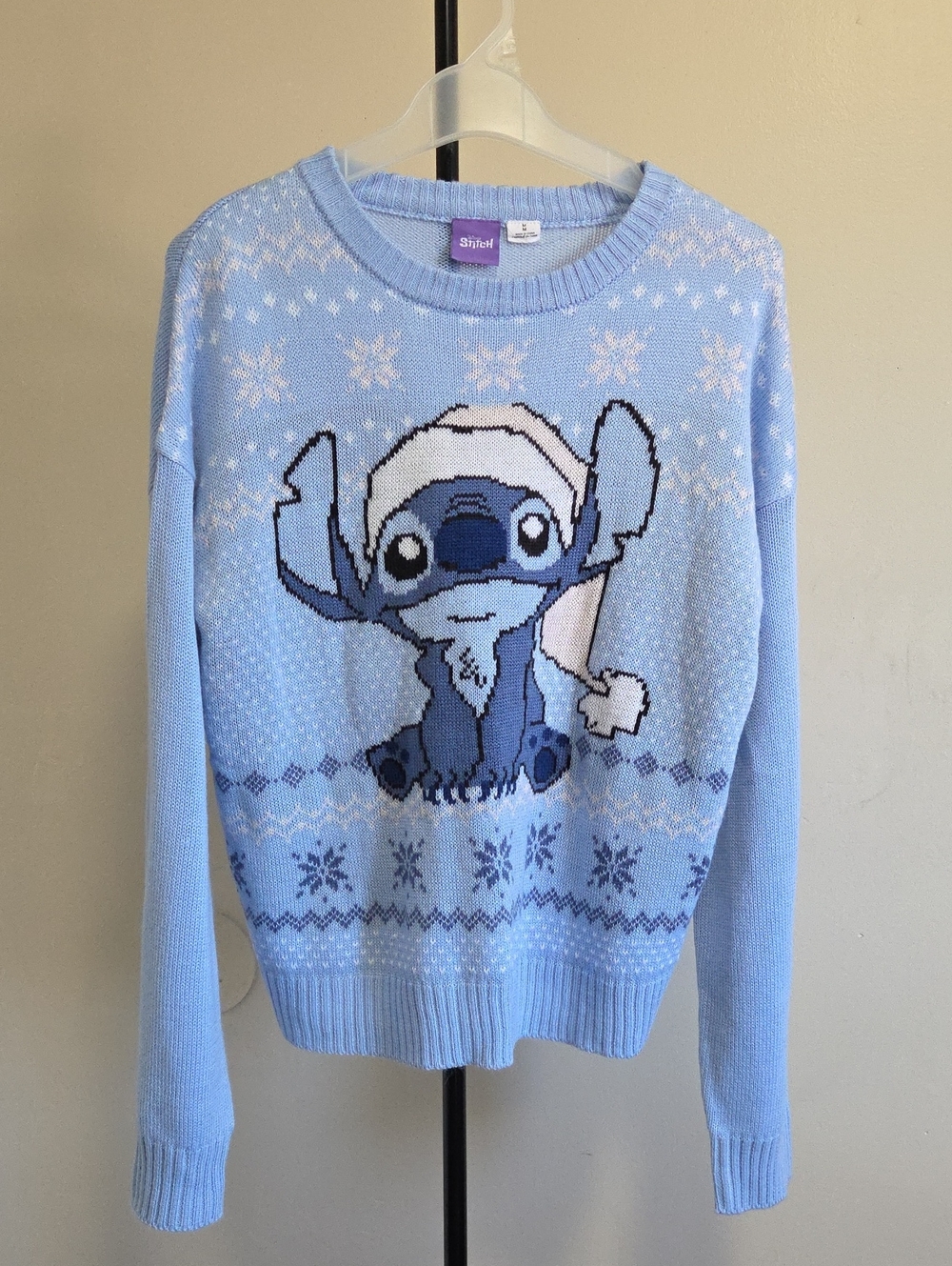 Disney Stitch Holiday Christmas Sweater Light Blue Fair Isle Crewneck Pullover